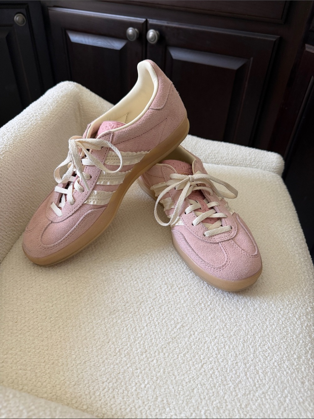 Adidas Gazelle Pink Suede Sneakers with Cream Ruffle Stripes and Gum Sole